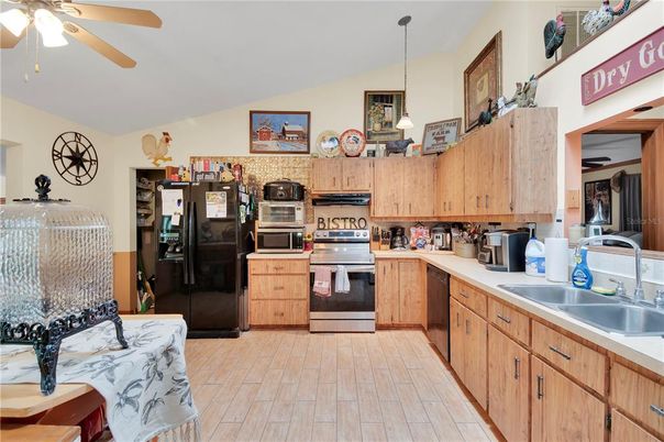 Interior, Kitchen, Pendant Lights, Stainless Steel Appliances, Wood Texture Flooring