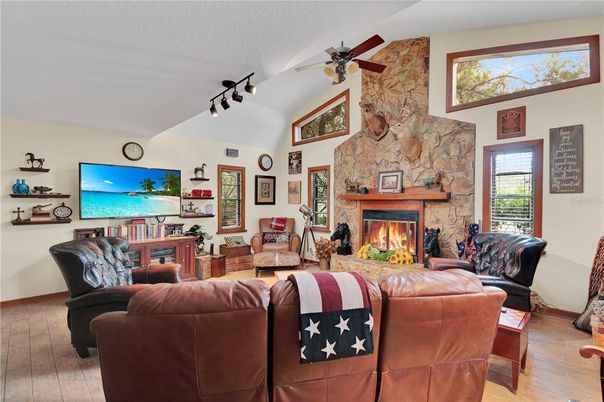 Fireplace, Interior, Living room, Stone Walls, Wood Texture Flooring