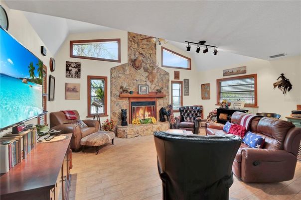 Fireplace, Interior, Living room, Stone Walls, Wood Texture Flooring