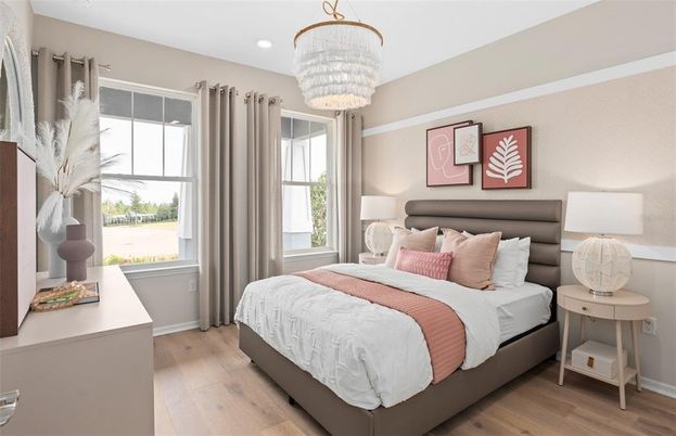 Bedroom, Chandelier, Interior, Recessed Lighting, Wood Texture Flooring