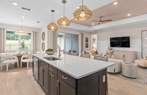 Dining room, Interior, Kitchen, Pendant Lights, Recessed Lighting, Wood Texture Flooring