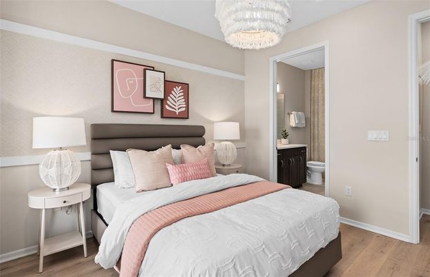 Bedroom, Chandelier, Interior, Wood Texture Flooring