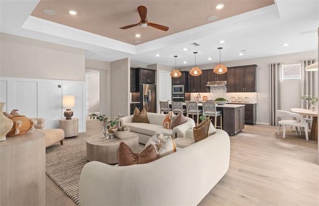 Dining room, Interior, Kitchen, Living room, Pendant Lights, Recessed Lighting, Stainless Steel Appliances, Wood Texture Flooring