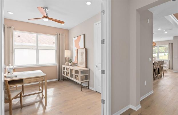 Dining room, Interior, Recessed Lighting, Wood Texture Flooring