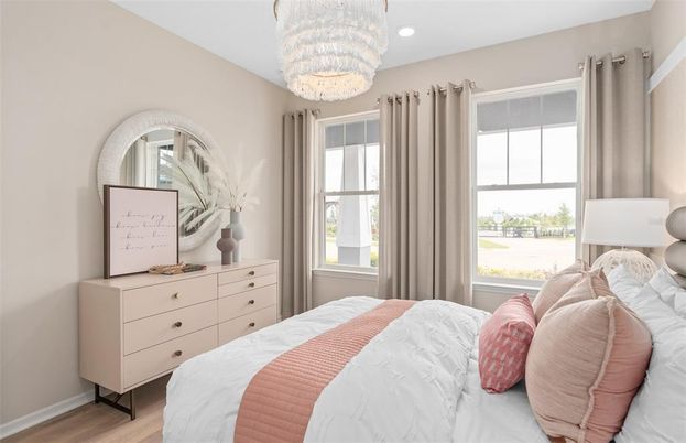 Bedroom, Chandelier, Interior, Recessed Lighting, Wood Texture Flooring