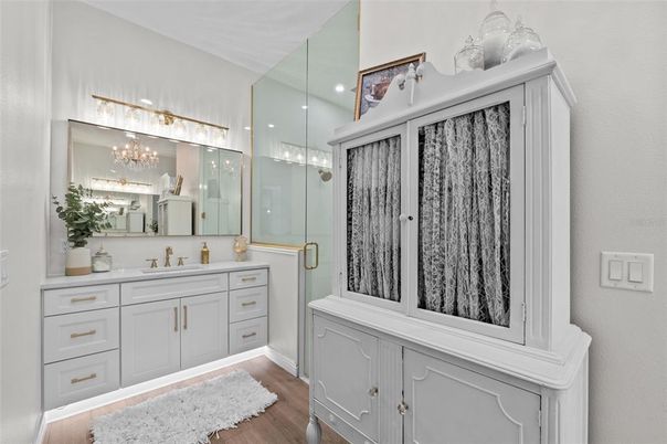 Bathroom, Interior, Recessed Lighting, Wood Texture Flooring