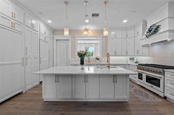 Interior, Kitchen, Pendant Lights, Recessed Lighting, Stainless Steel Appliances, Wood Texture Flooring