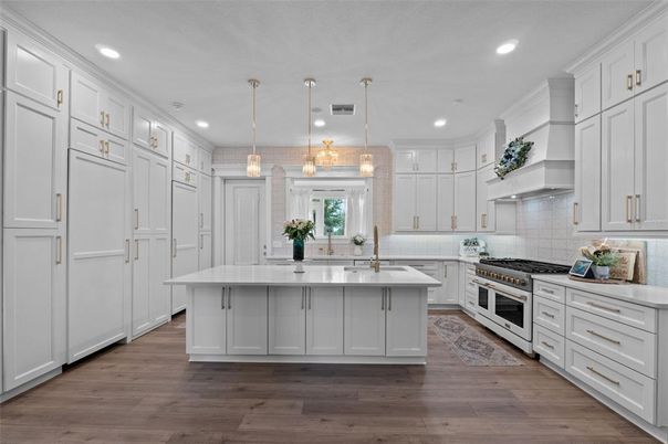 Interior, Kitchen, Pendant Lights, Recessed Lighting, Stainless Steel Appliances, Wood Texture Flooring