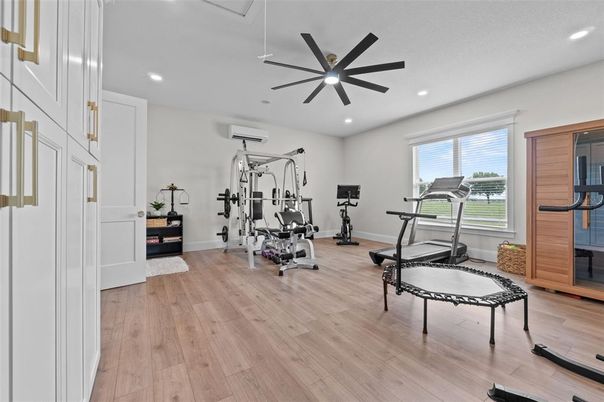 Fitness Equipment, Gym, Interior, Recessed Lighting, Wood Texture Flooring