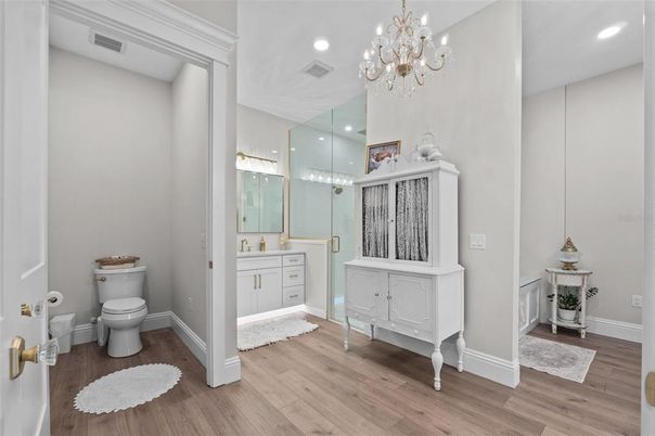Bathroom, Chandelier, Interior, Recessed Lighting, Wood Texture Flooring
