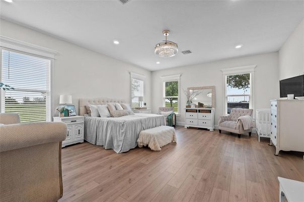 Bedroom, Chandelier, Interior, Recessed Lighting, Wood Texture Flooring
