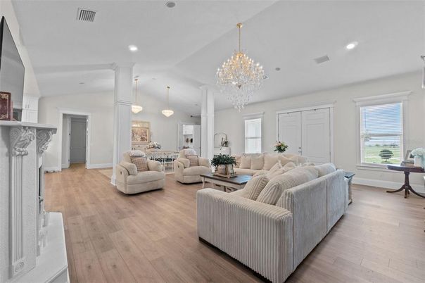 Chandelier, Interior, Living room, Pendant Lights, Recessed Lighting, Wood Texture Flooring