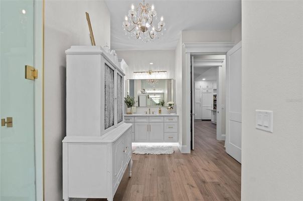 Bathroom, Chandelier, Interior, Recessed Lighting, Wood Texture Flooring