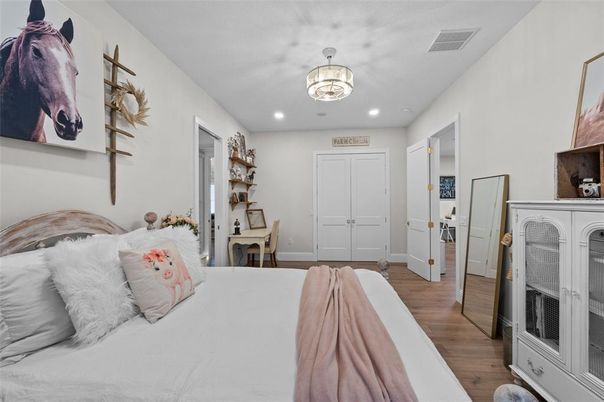 Bedroom, Interior, Recessed Lighting, Wood Texture Flooring