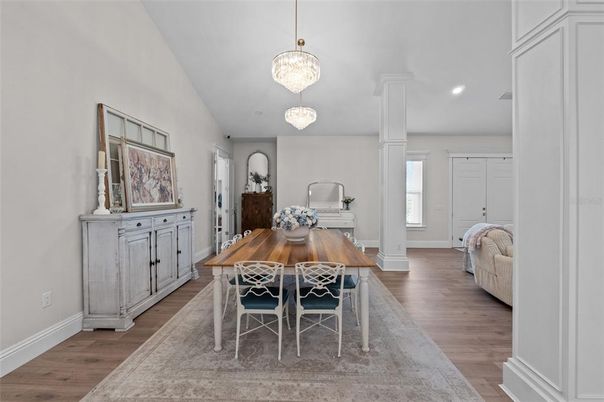 Chandelier, Dining room, Interior, Pendant Lights, Recessed Lighting, Wood Texture Flooring