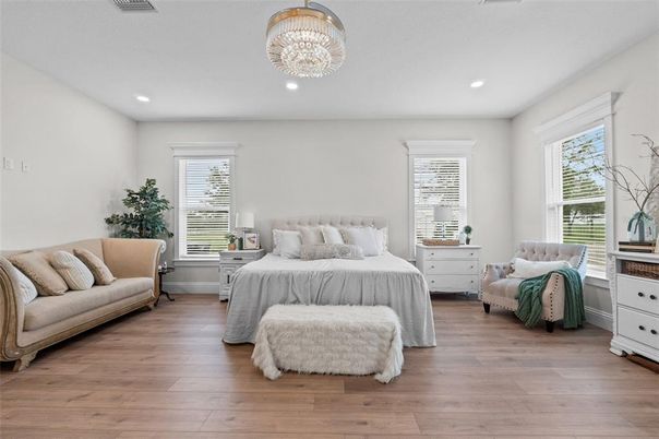 Bedroom, Chandelier, Interior, Recessed Lighting, Wood Texture Flooring