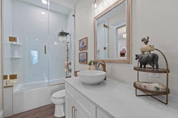 Bathroom, Glass Shower, Interior, Recessed Lighting, Wood Texture Flooring
