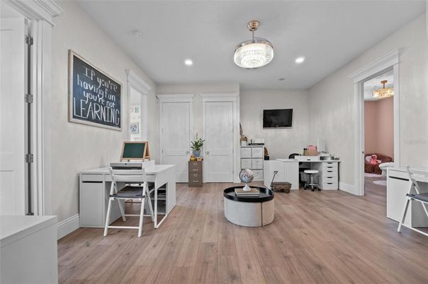 Chandelier, Home Office, Interior, Recessed Lighting, Wood Texture Flooring