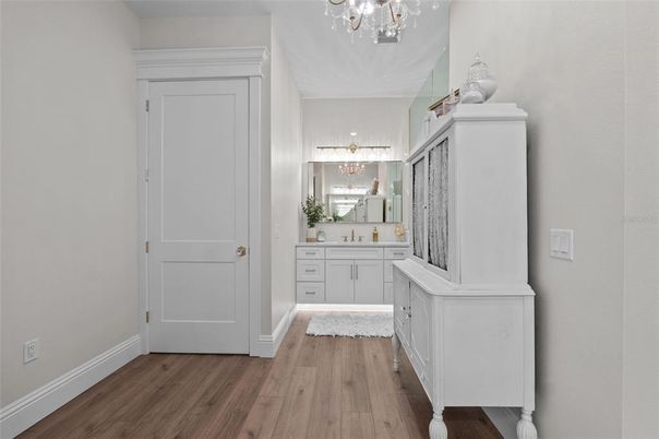 Bathroom, Chandelier, Interior, Wood Texture Flooring
