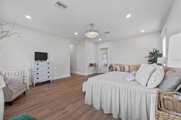 Bedroom, Chandelier, Interior, Recessed Lighting, Wood Texture Flooring