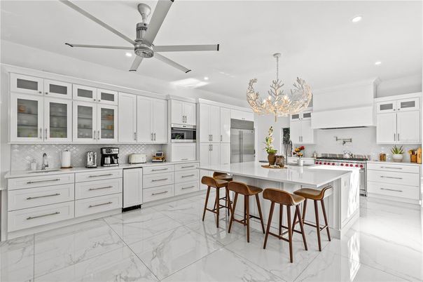 Chandelier, Interior, Kitchen, Marble, Recessed Lighting, Stainless Steel Appliances