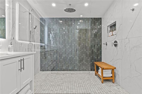 Bathroom, Glass Shower, Interior, Marble Walls, Recessed Lighting