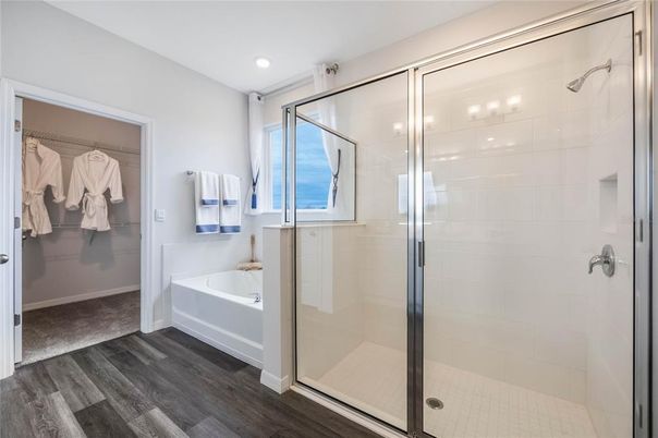 Bathroom, Glass Shower, Interior, Recessed Lighting, Walk-in Closets, Wood Texture Flooring