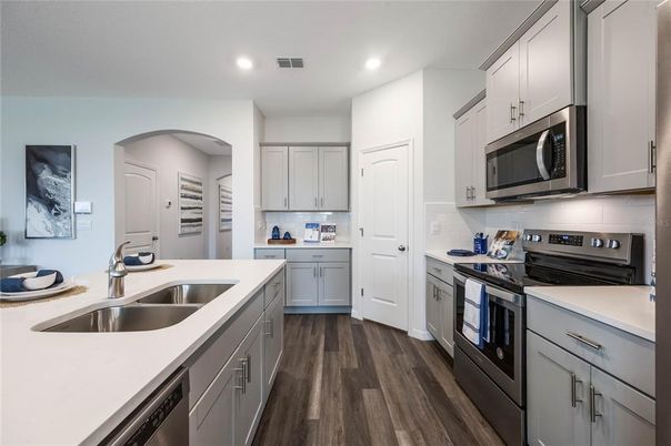 Interior, Kitchen, Recessed Lighting, Stainless Steel Appliances, Wood Texture Flooring