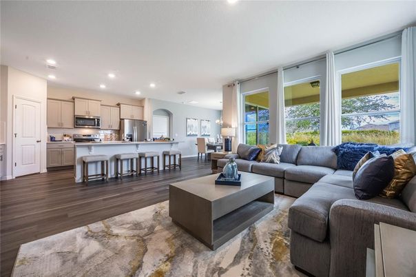 Dining room, Interior, Kitchen, Living room, Recessed Lighting, Stainless Steel Appliances, Wood Texture Flooring
