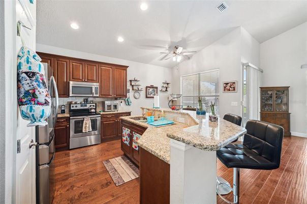 Interior, Kitchen, Recessed Lighting, Stainless Steel Appliances, Wood Texture Flooring