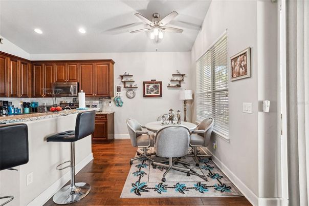Dining room, Interior, Kitchen, Recessed Lighting, Wood Texture Flooring