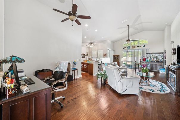 Home Office, Interior, Living room, Recessed Lighting, Wood Texture Flooring