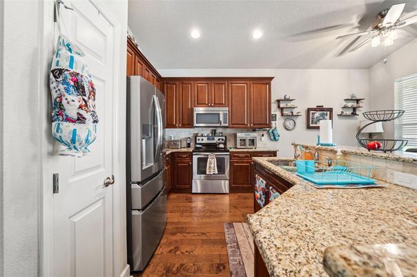 Interior, Kitchen, Recessed Lighting, Stainless Steel Appliances, Wood Texture Flooring
