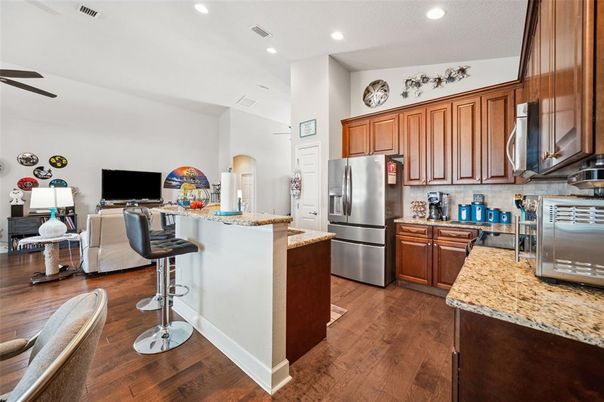 Interior, Kitchen, Living room, Recessed Lighting, Stainless Steel Appliances, Wood Texture Flooring