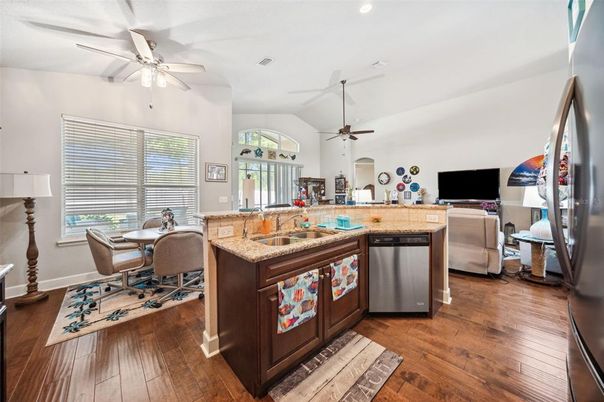 Dining room, Interior, Kitchen, Living room, Recessed Lighting, Wood Texture Flooring