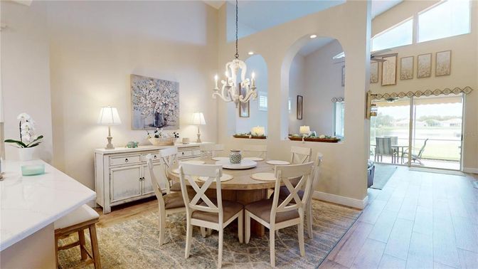 Chandelier, Dining room, Interior, Recessed Lighting, Wood Texture Flooring