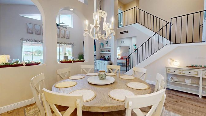 Chandelier, Dining room, Interior, Recessed Lighting, Wood Texture Flooring