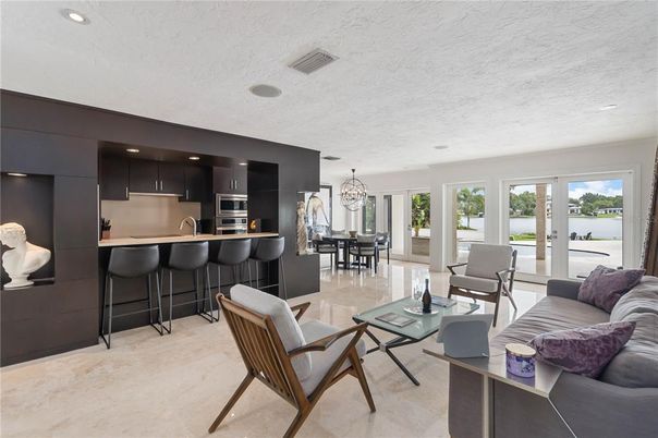 Chandelier, Dining room, Interior, Kitchen, Living room, Recessed Lighting, Stainless Steel Appliances