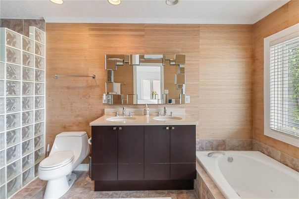 Bathroom, Dual Sink Vanities, Interior, Recessed Lighting, Wooden Walls