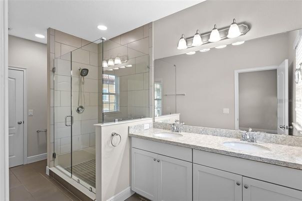Bathroom, Dual Sink Vanities, Glass Shower, Interior, Recessed Lighting