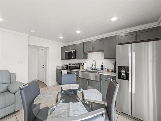 Dining room, Interior, Kitchen, Recessed Lighting, Stainless Steel Appliances