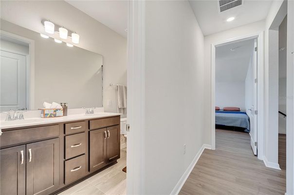 Bathroom, Bedroom, Dual Sink Vanities, Interior, Recessed Lighting, Wood Texture Flooring