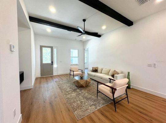 Interior, Living room, Recessed Lighting, Wooden Beams, Wood Texture Flooring