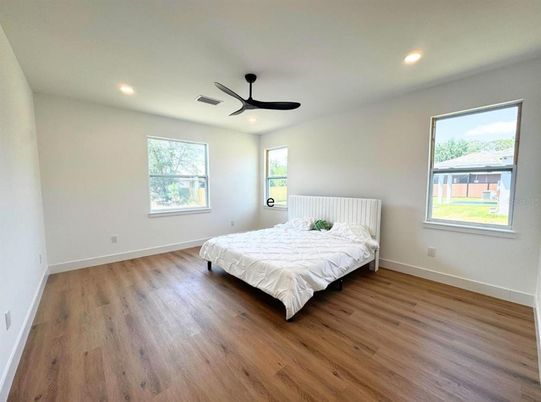 Bedroom, Interior, Recessed Lighting, Wood Texture Flooring
