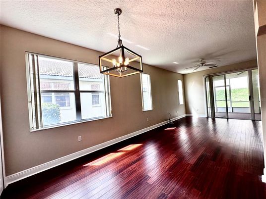 Empty room, Interior, Pendant Lights, Recessed Lighting, Wood Texture Flooring