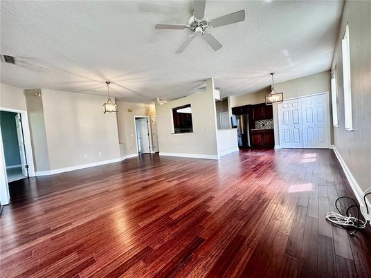 Empty room, Interior, Kitchen, Pendant Lights, Wood Texture Flooring