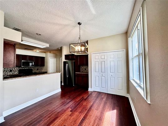 Interior, Kitchen, Pendant Lights, Stainless Steel Appliances, Wood Texture Flooring