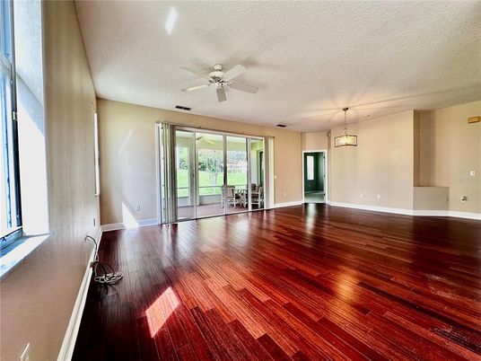 Empty room, Interior, Pendant Lights, Wood Texture Flooring