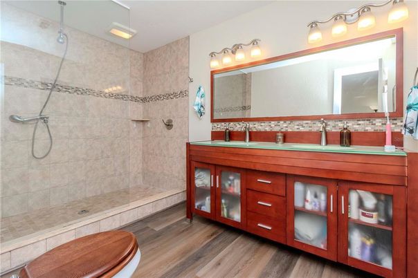 Bathroom, Dual Sink Vanities, Interior, Wood Texture Flooring