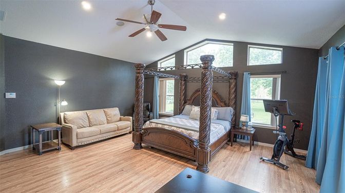 Bedroom, Fitness Equipment, Interior, Recessed Lighting, Wood Texture Flooring